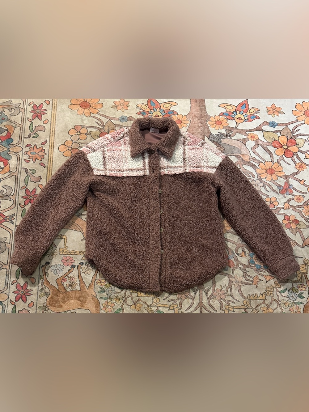 Pink Lily Brown Sherpa Button-Up Jacket with Pink and Cream Check Yoke